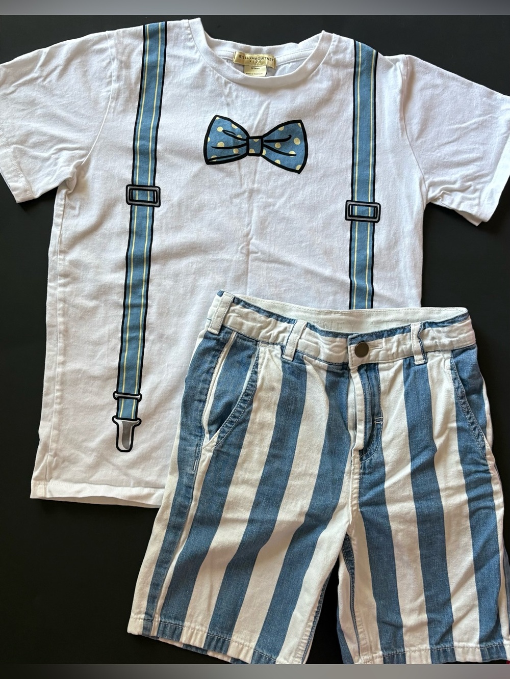 Stella McCartney Kids White Tee with Blue Bow Tie & Suspenders